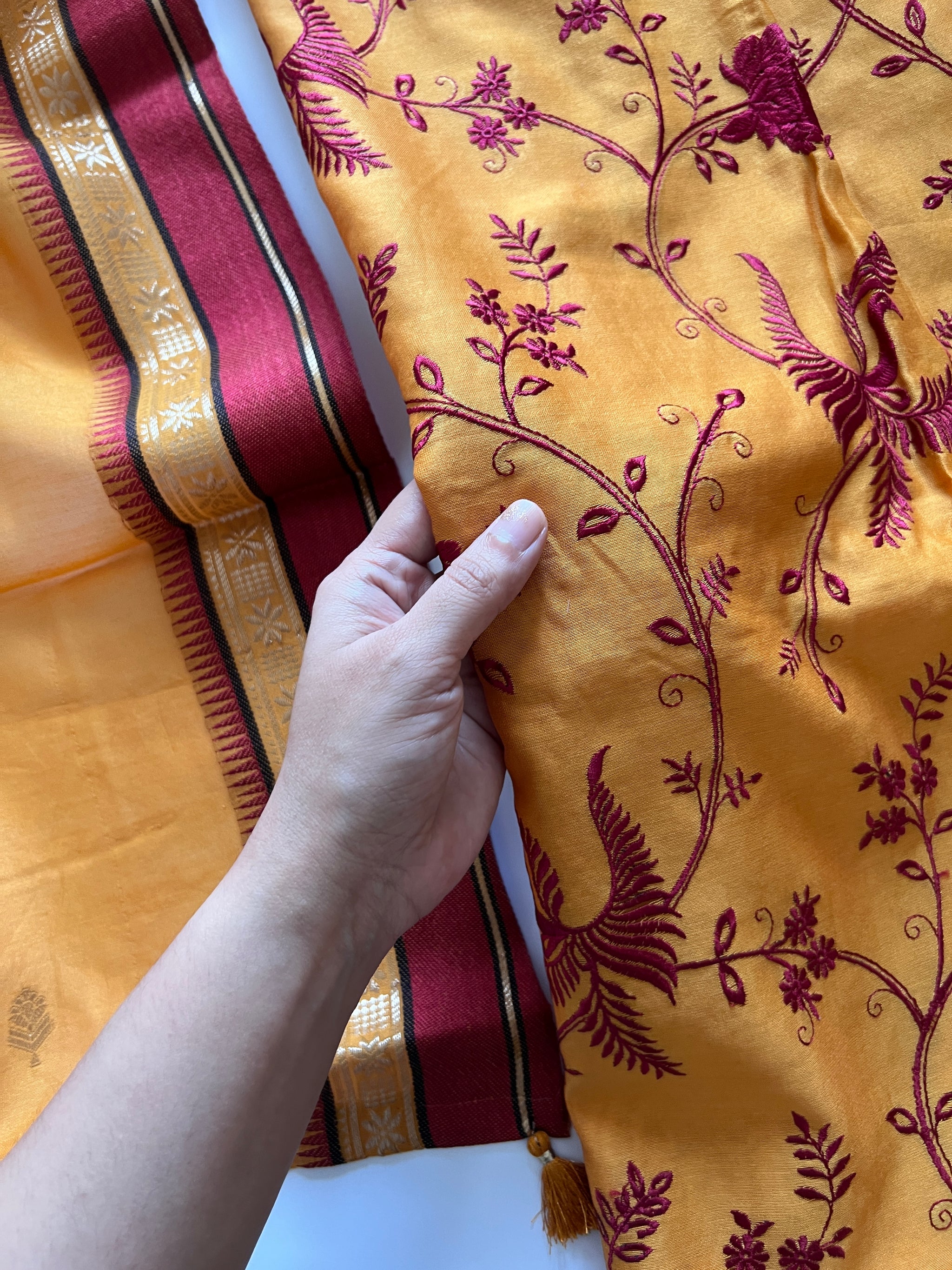 Yellow Pure Chanderi Parsi Thread embroidered Unstitched Suit