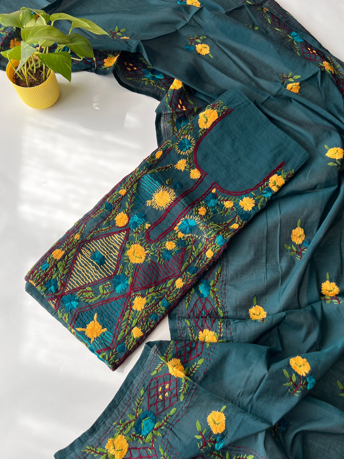 Peacock color Chanderi Phulkari embroidery Unstitched suit material