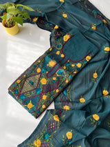 Peacock color Chanderi Phulkari embroidery Unstitched suit material