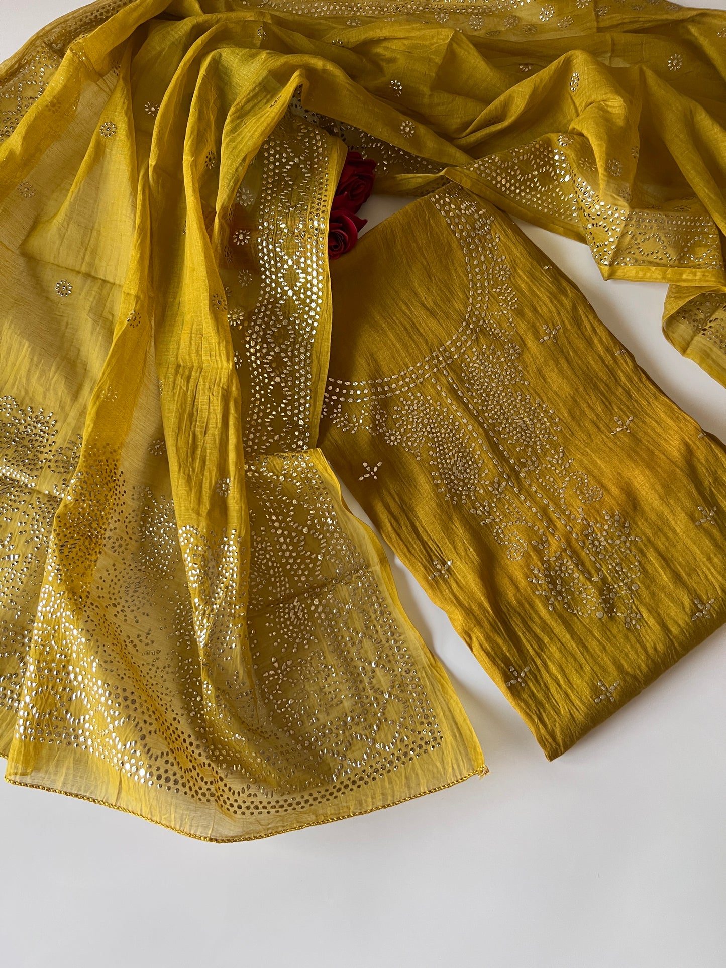 Yellow Mul Chanderi dress material with mukaish