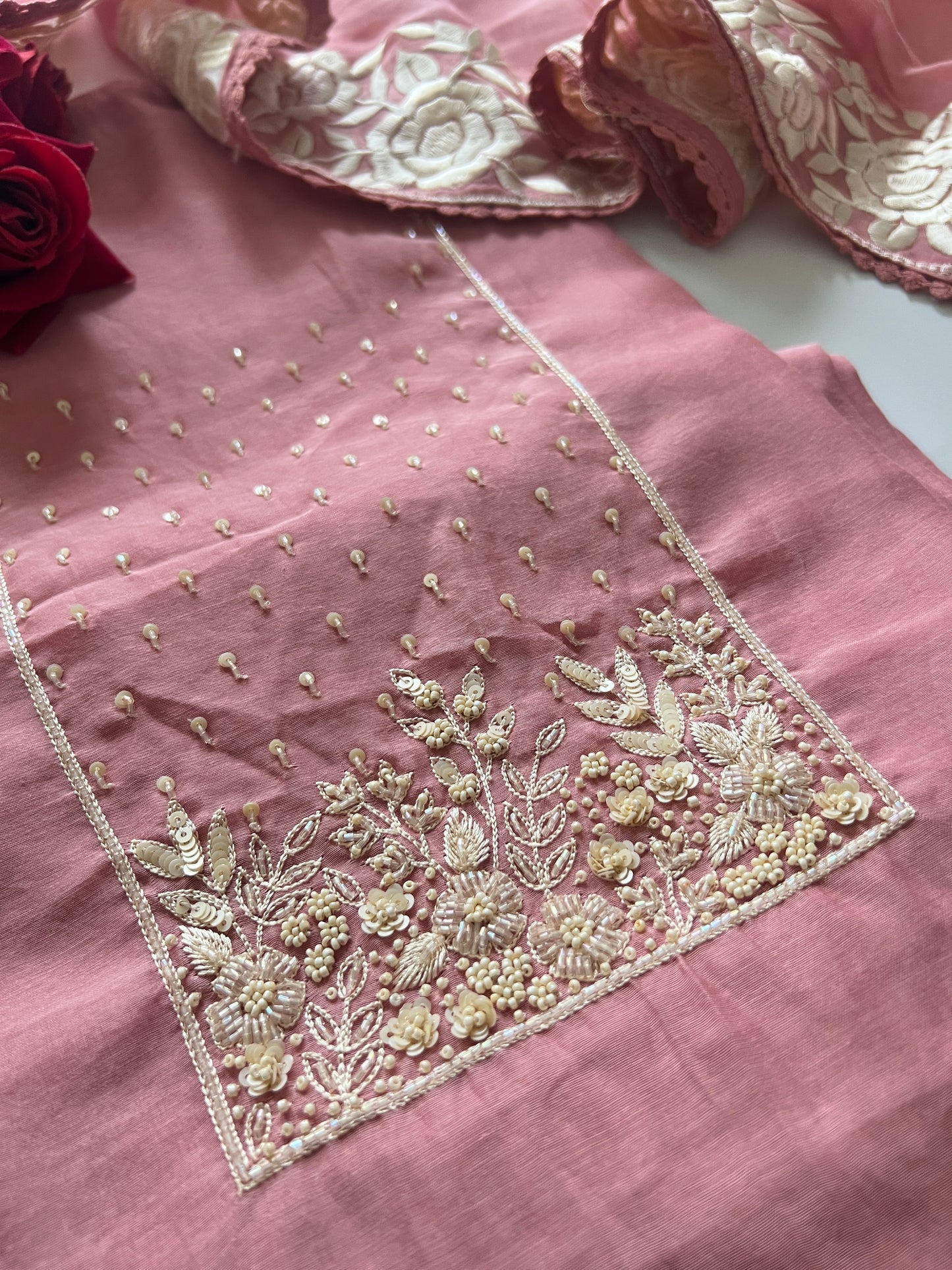 Mul Chanderi Handwork with Parsi dupatta Unstitched Suit set