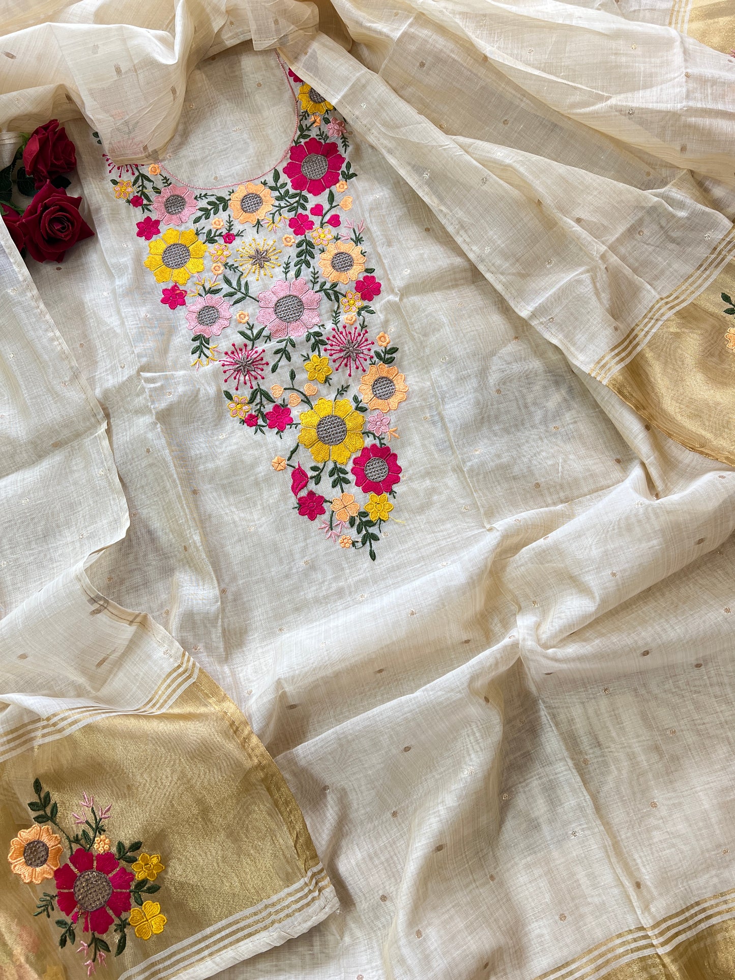 Sunflower Embroidery tissue Jamdani Dress material