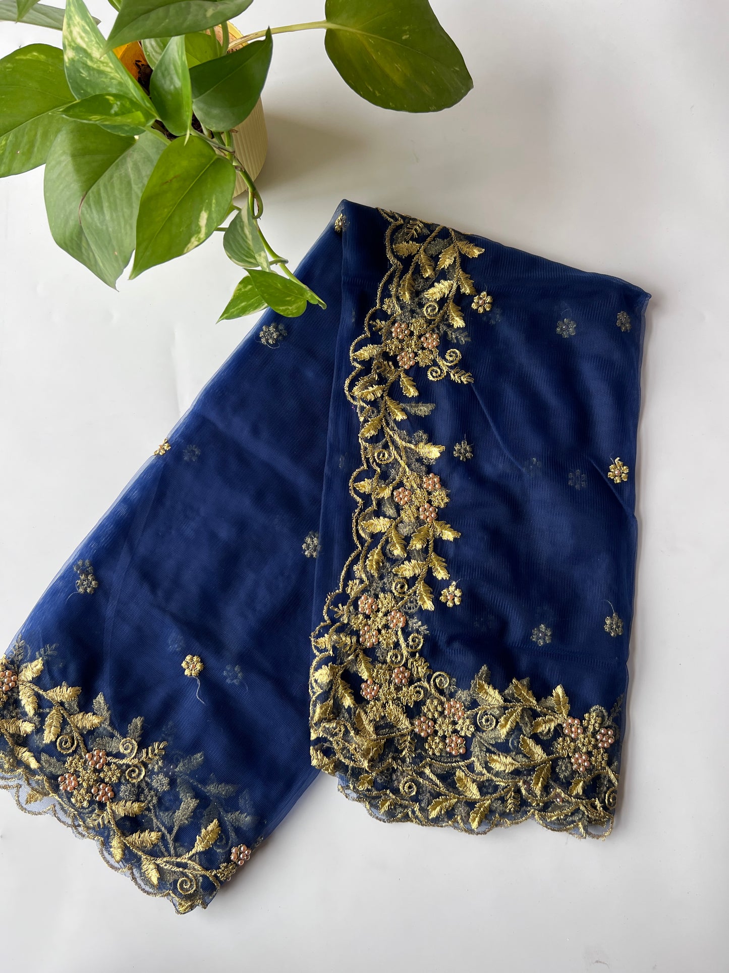 Navy Blue net soft dupatta with golden scallop border embroidery