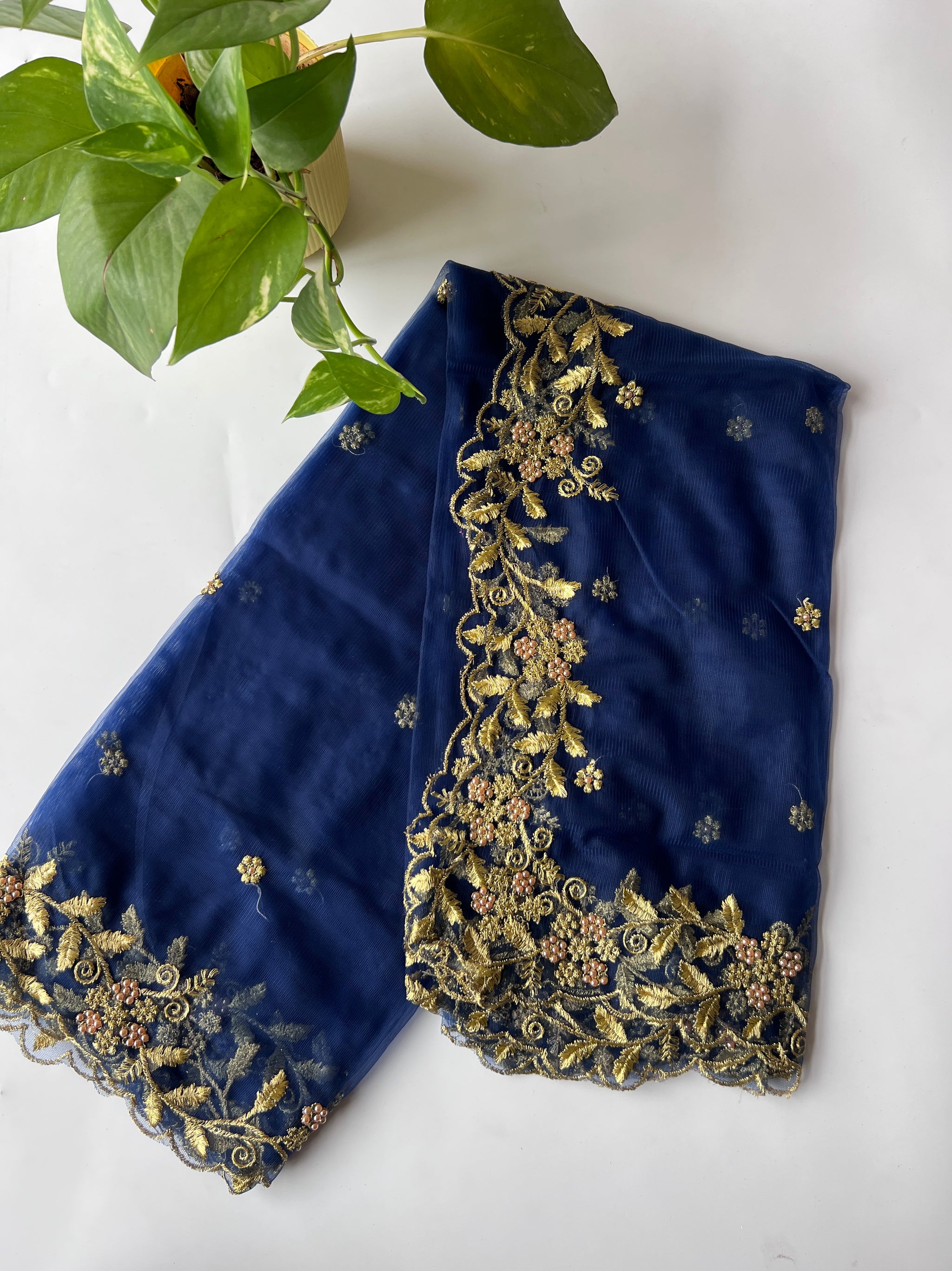 Navy Blue net soft dupatta with golden scallop border embroidery
