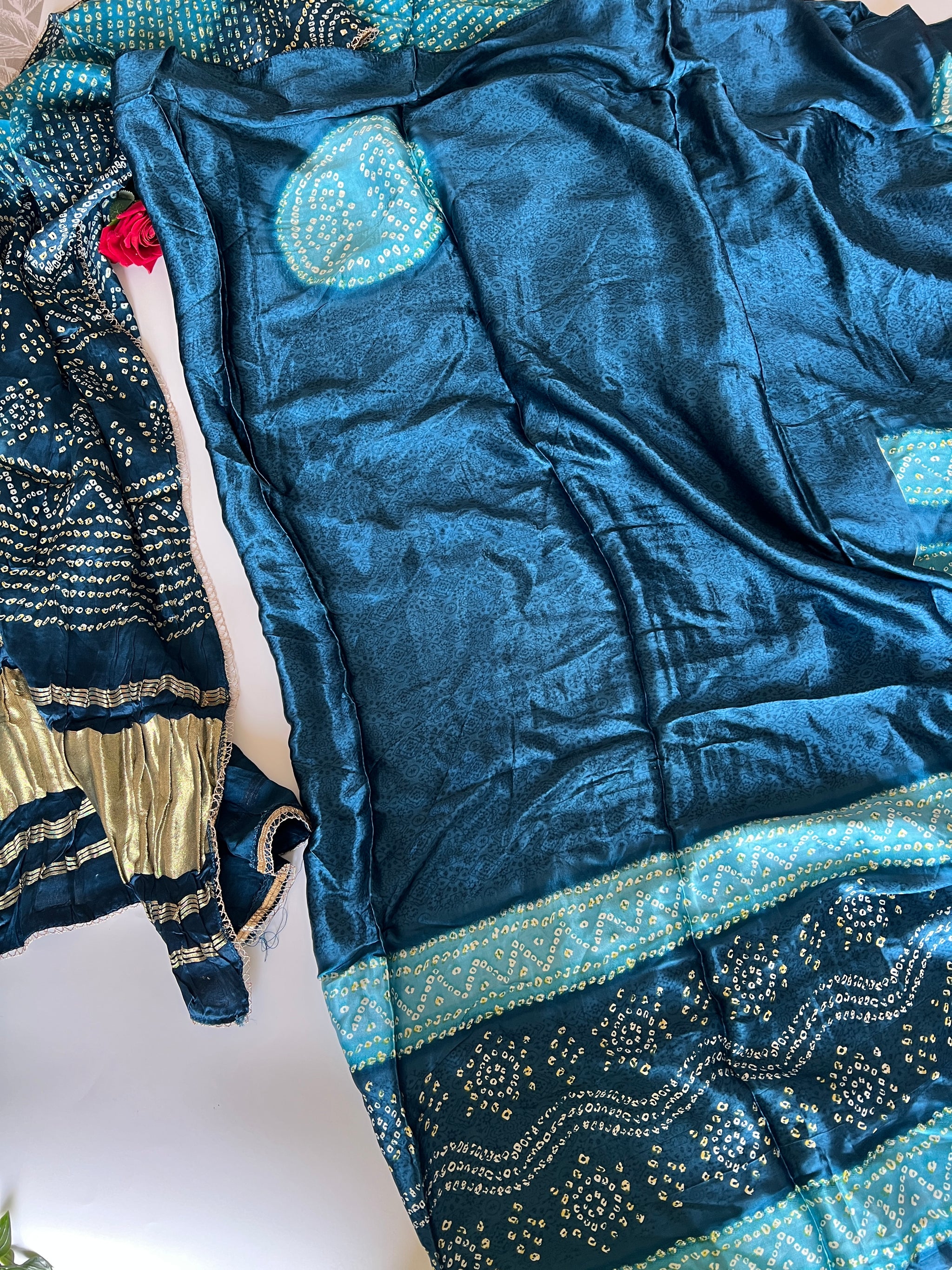 Blue Gajji Silk With gotta work neck Unstitched suit