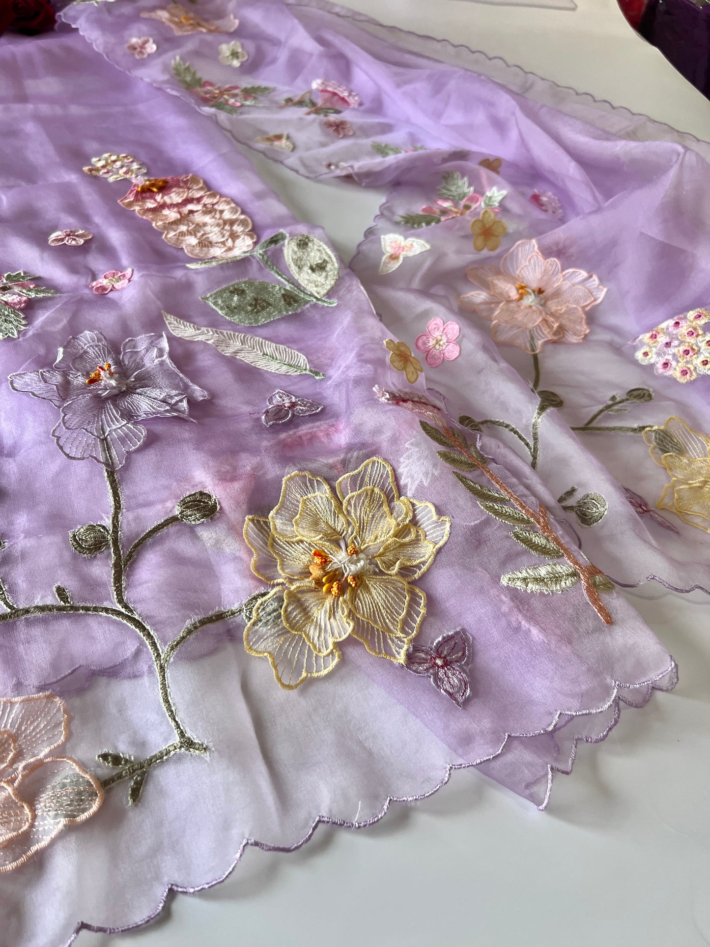 Purple 3D Embroidery on semi Organza premium unstitched dress material with floral work