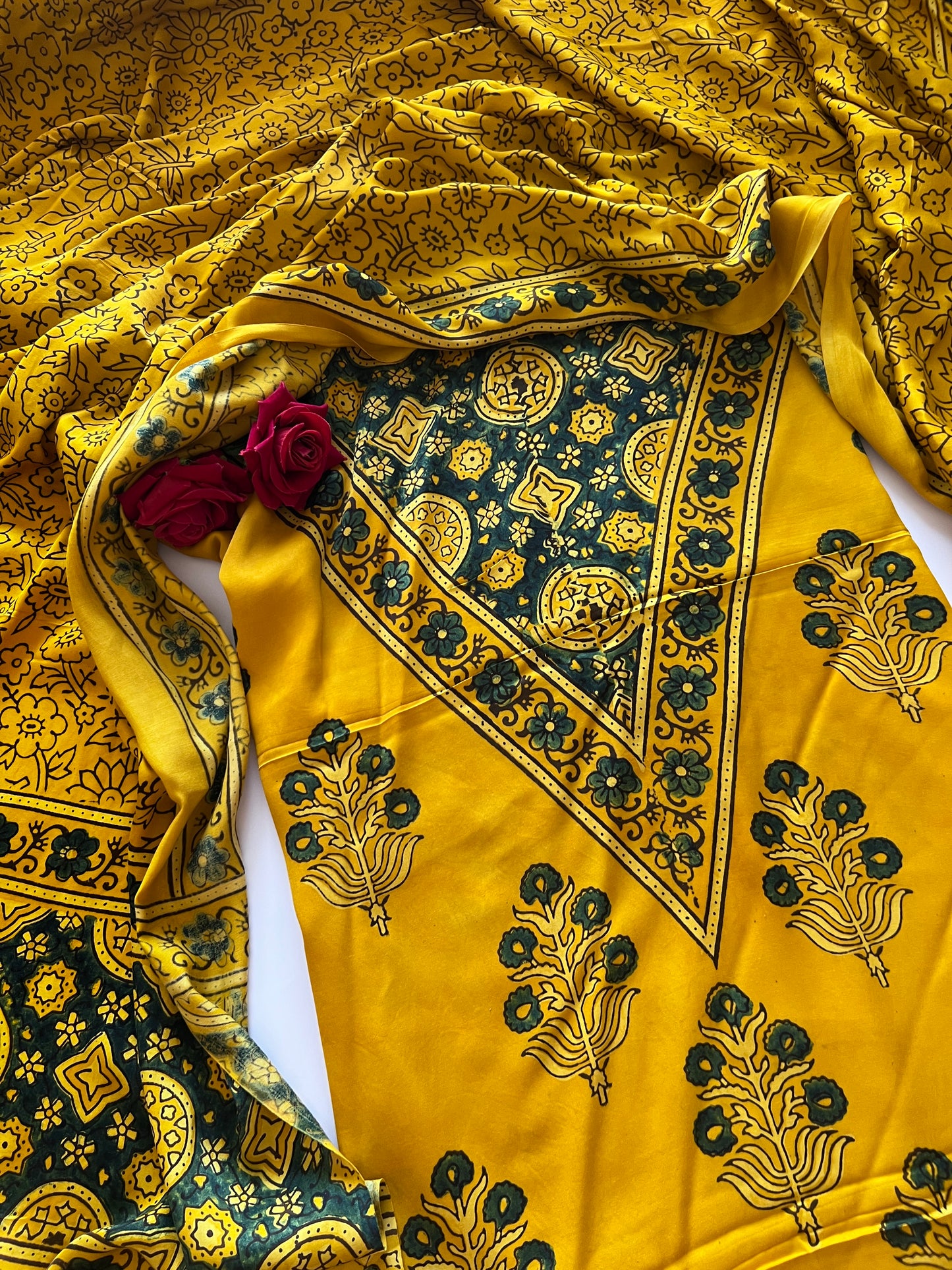 Yellow Original Handblock Ajrakh print on Modal fabric Unstitched suit set
