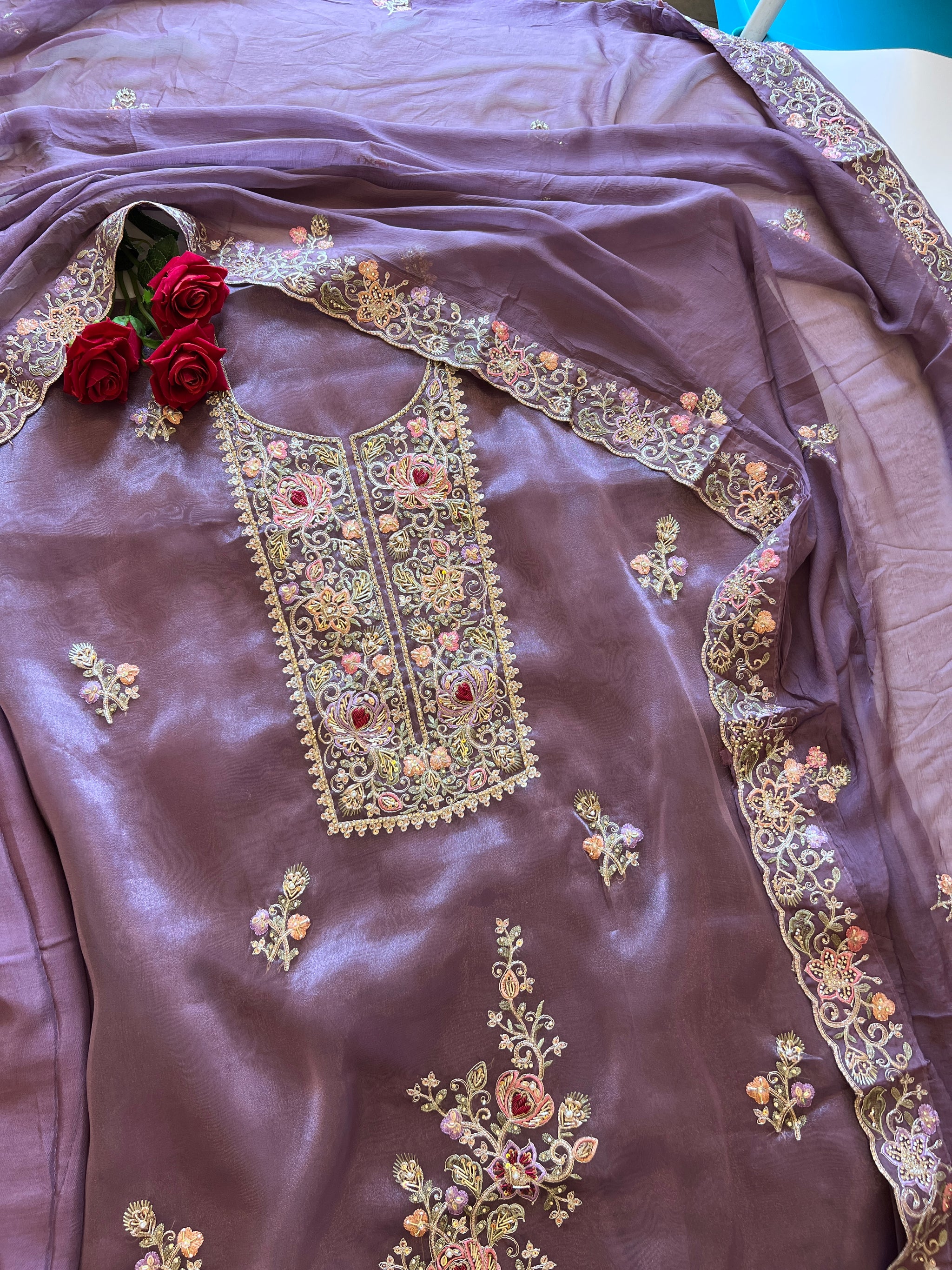 Purple Tissue partywear embroidered suit set unstitched