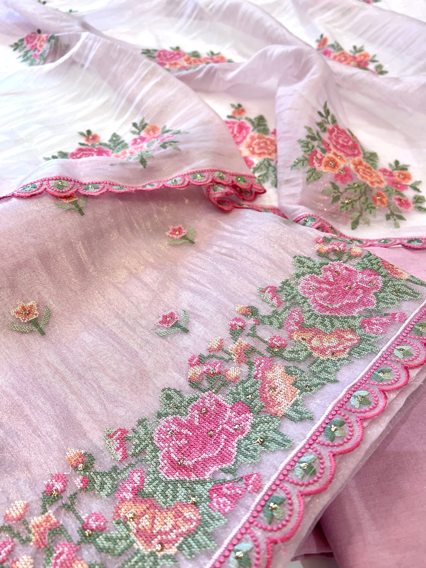 Pink Glass tissue with floral cross stitch embroidery dress material