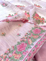 Pink Glass tissue with floral cross stitch embroidery dress material