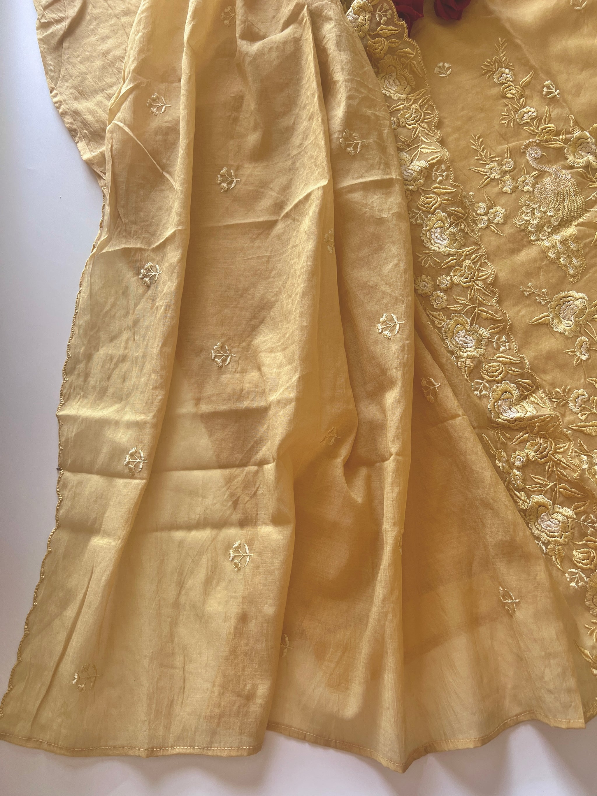 Yellow Mul Chanderi Thread embroidered Unstitched Suit