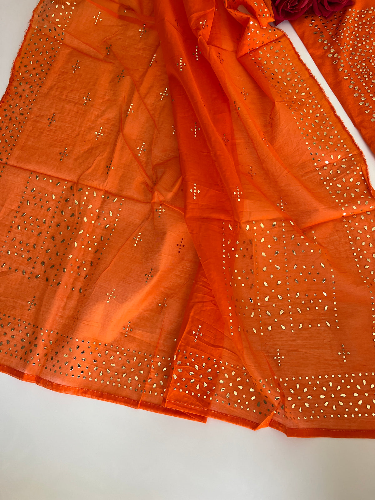 Orange Mul Chanderi dress material with mukaish geometric