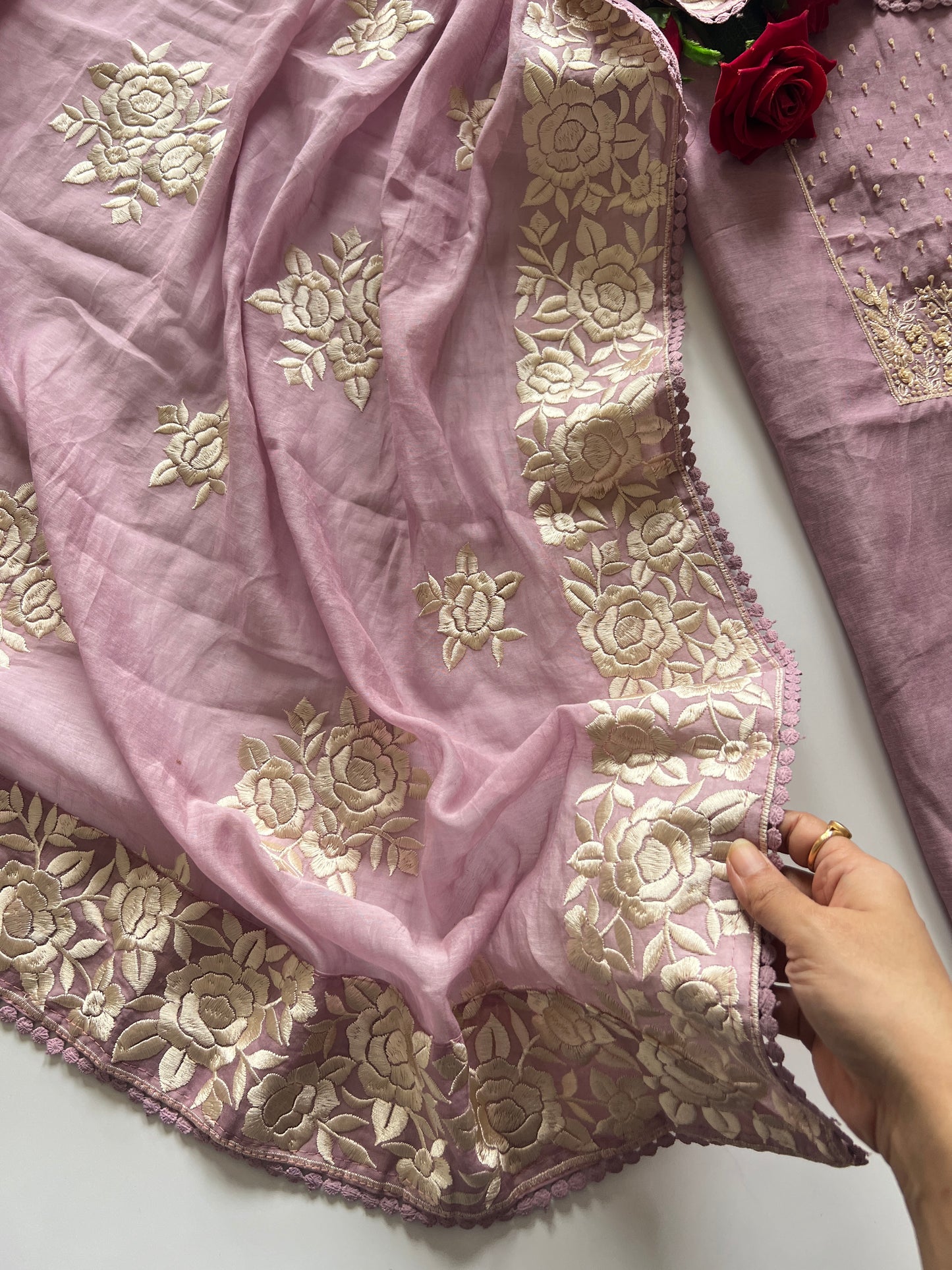 Lilac Mul Chanderi Handwork with Parsi dupatta Unstitched Suit set