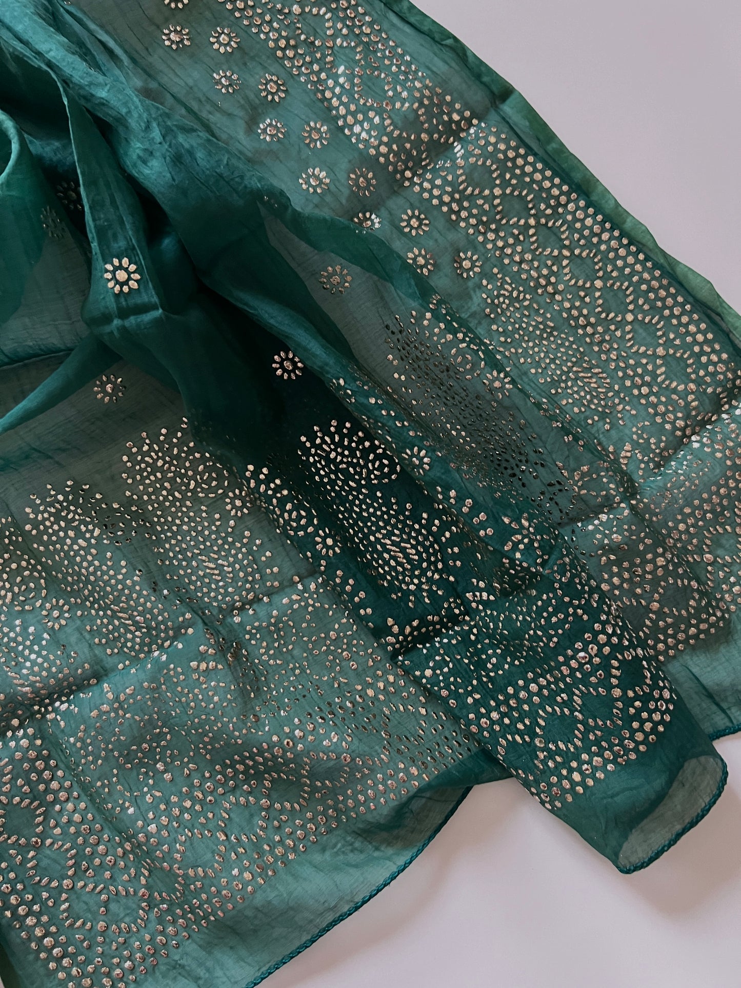 Green Mul Chanderi dress material with mukaish