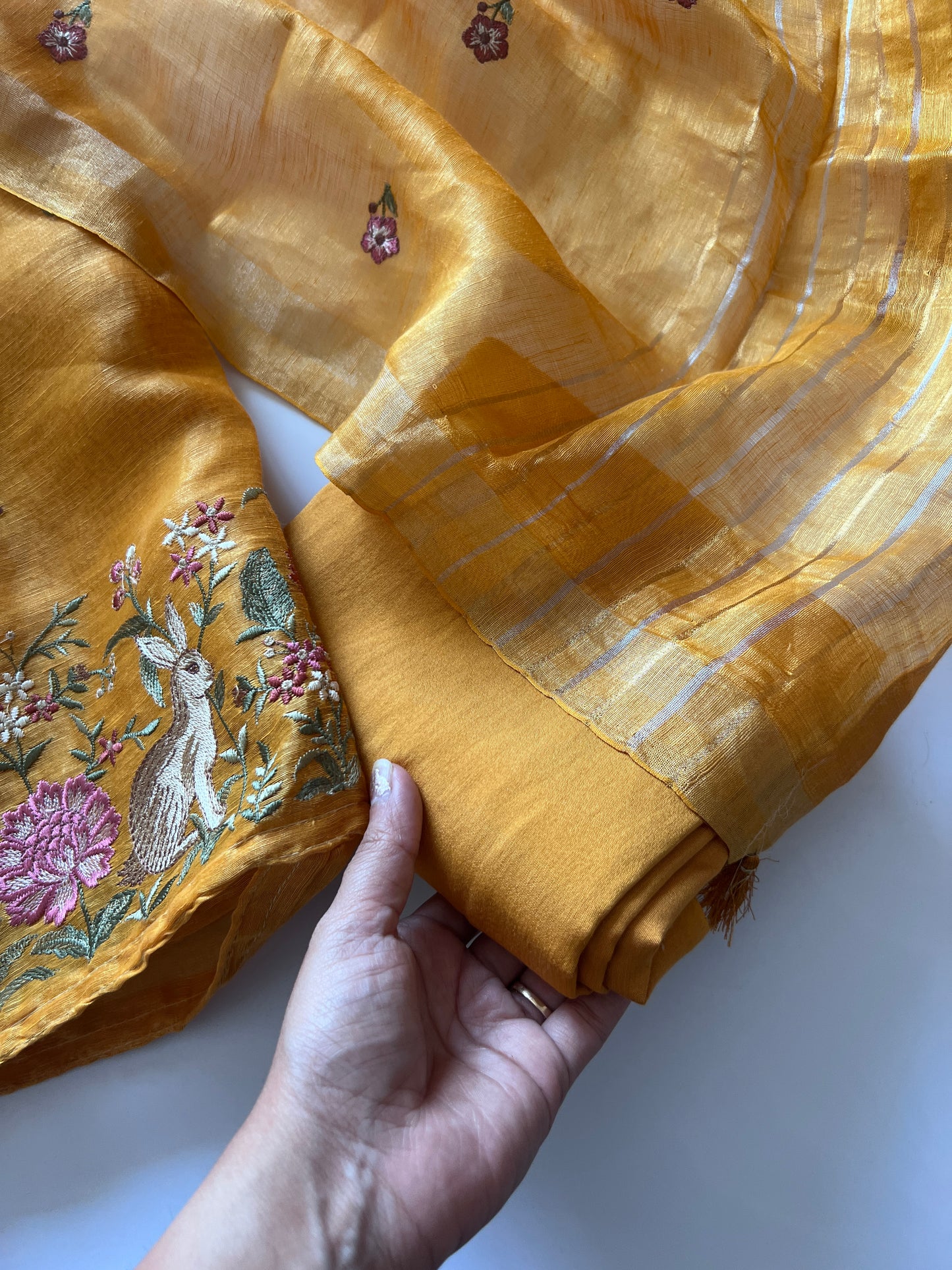 Yellow Pure Silk Linen embroidered premium unstitched dress material