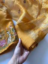 Yellow Pure Silk Linen embroidered premium unstitched dress material