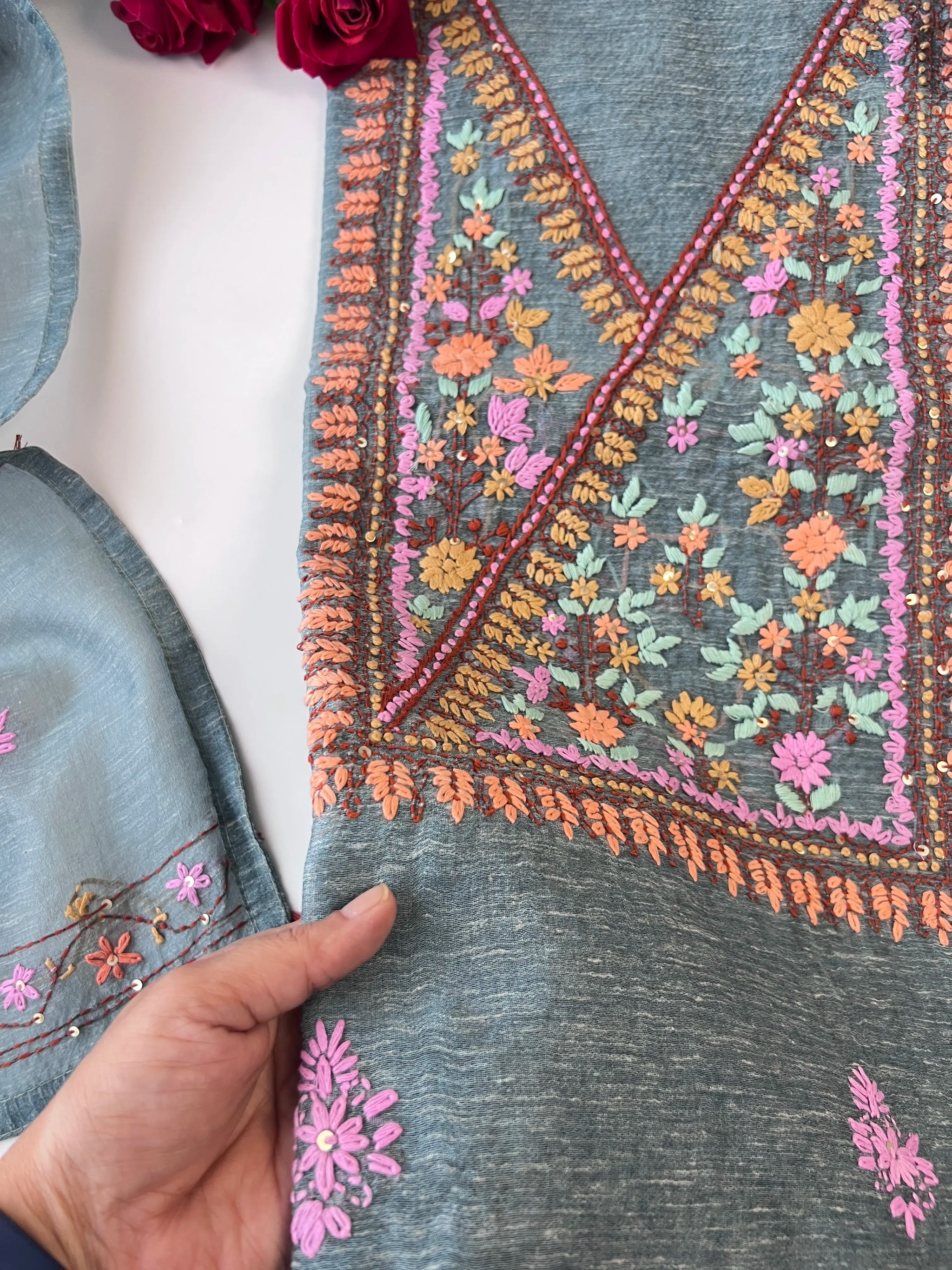 Chanderi knot embroidery Unstitched suit material