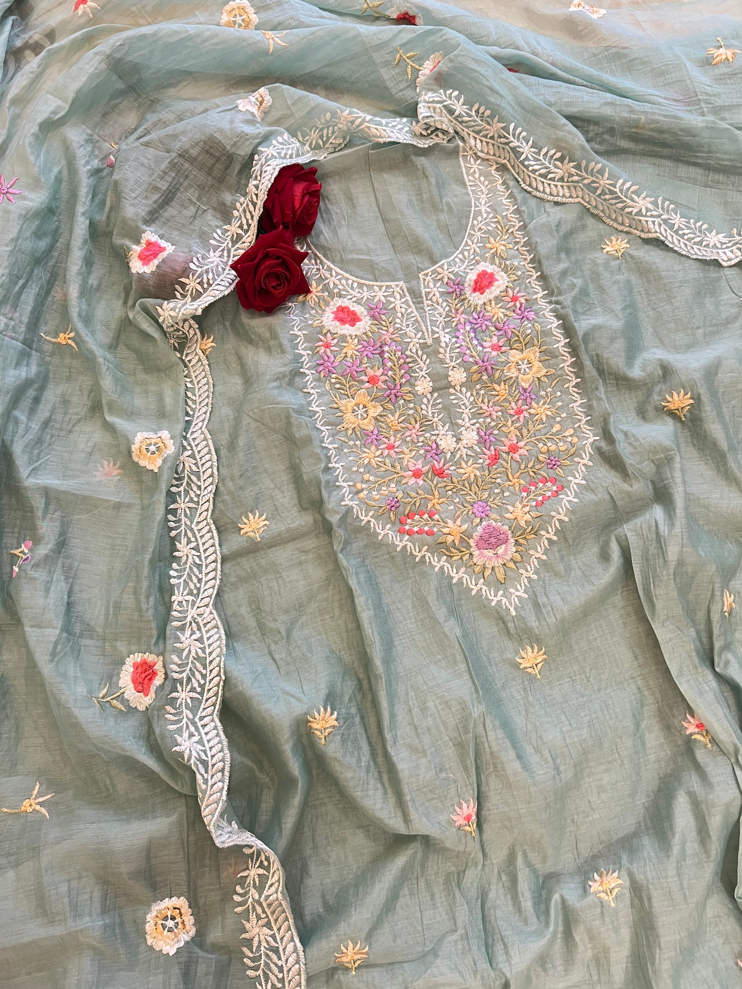 Blue Mul Chanderi Thread embroidered Unstitched Suit