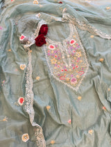 Blue Mul Chanderi Thread embroidered Unstitched Suit