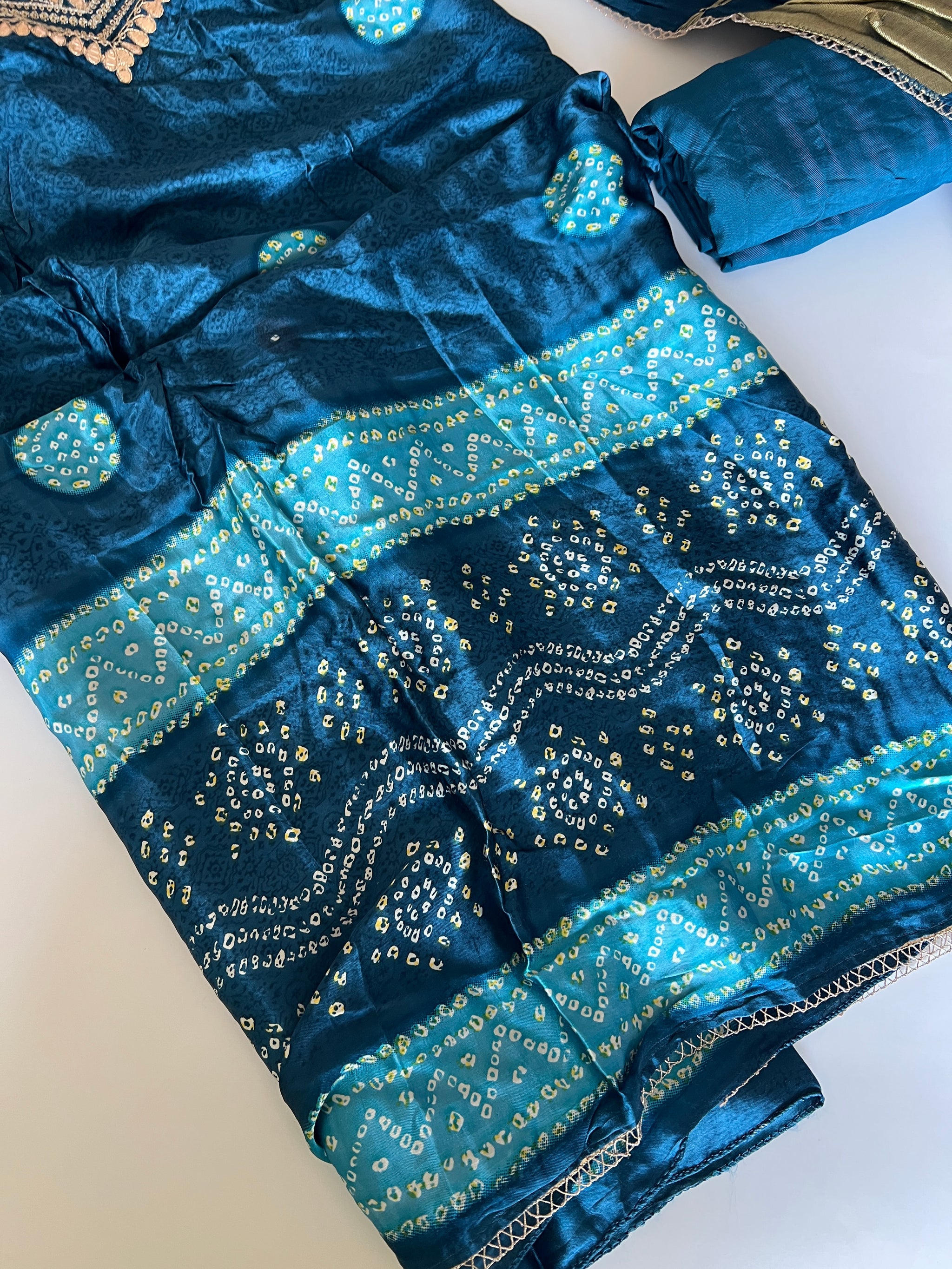 Blue Gajji Silk With gotta work neck Unstitched suit