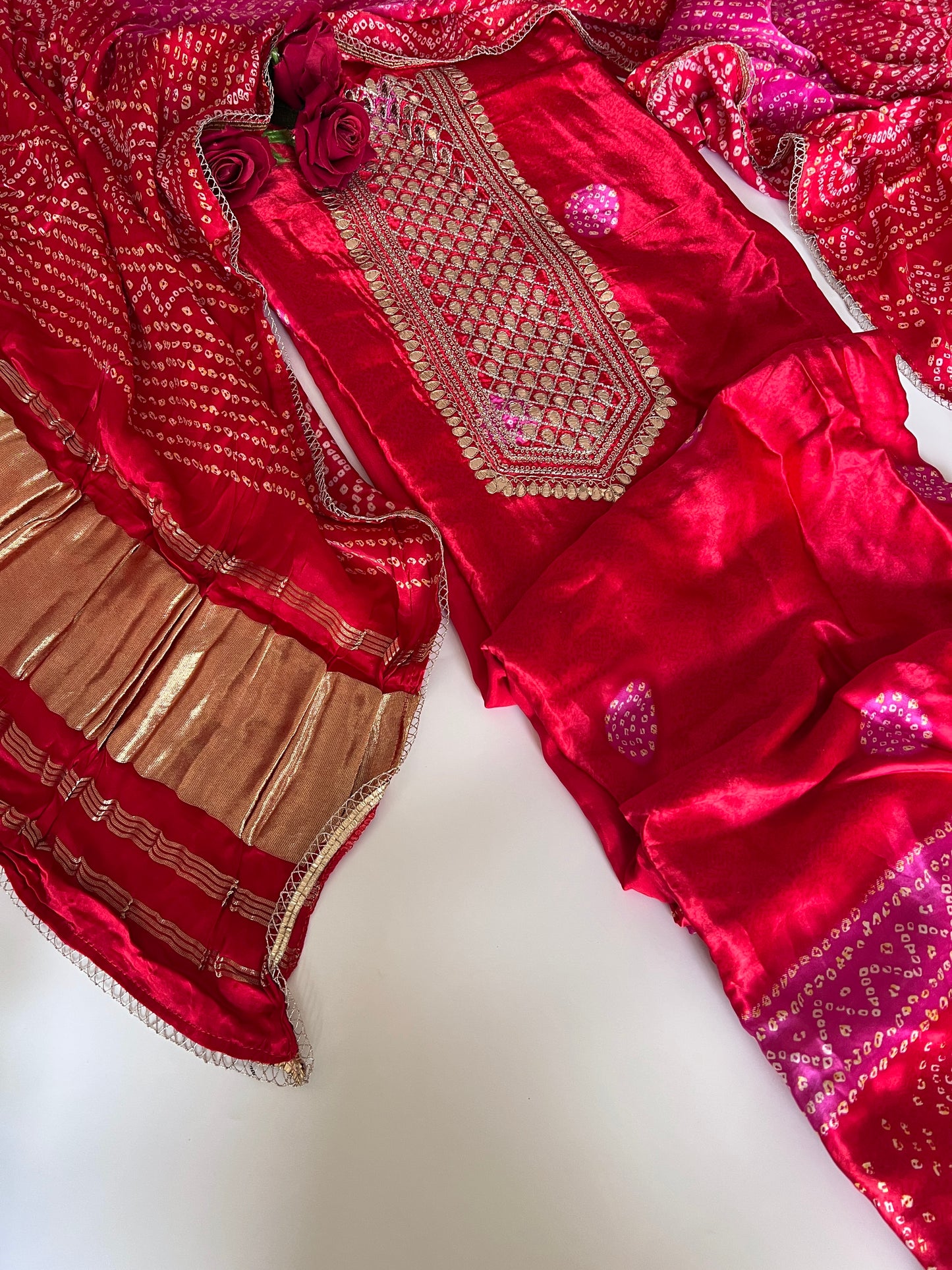 Red Gajji Silk With gotta work neck Unstitched suit