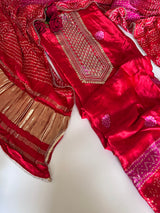 Red Gajji Silk With gotta work neck Unstitched suit