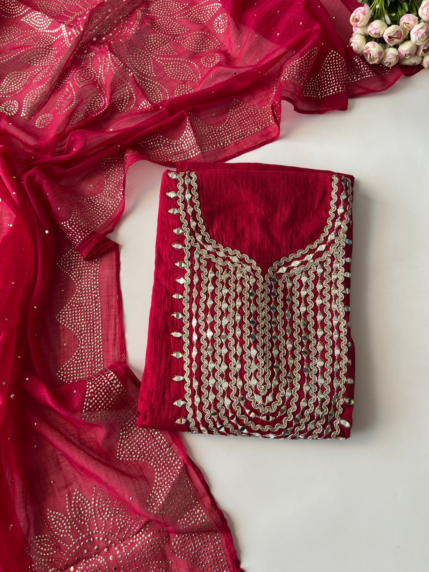 Hot pink Mirror work on Mul Chanderi dress material with mukaish work dupatta