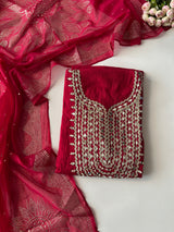 Hot pink Mirror work on Mul Chanderi dress material with mukaish work dupatta