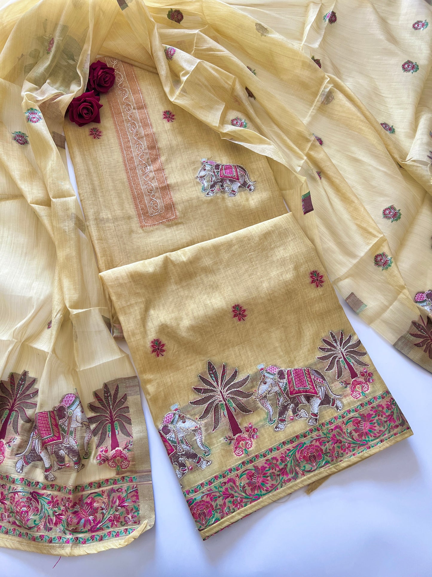 Yellow Cotton Jamdani work dress material unstitched Suit set