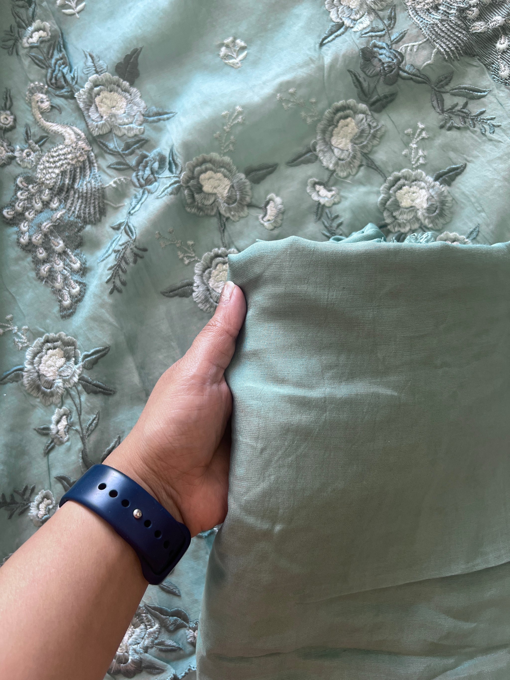 Aqua shade Mul Chanderi Thread embroidered Unstitched Suit