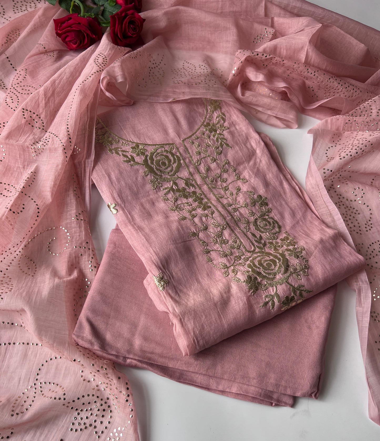 Pastel pink Mul Chanderi dress material with pitta and mukaish work