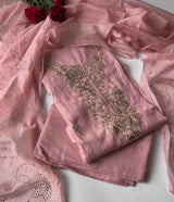 Pastel pink Mul Chanderi dress material with pitta and mukaish work
