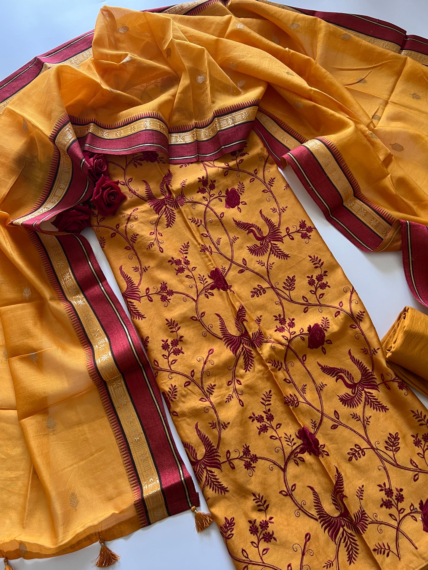 Yellow Pure Chanderi Parsi Thread embroidered Unstitched Suit