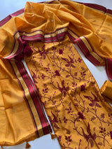 Yellow Pure Chanderi Parsi Thread embroidered Unstitched Suit