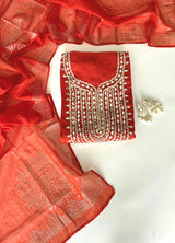 Mirror work on Mul Chanderi dress material with mukaish work dupatta