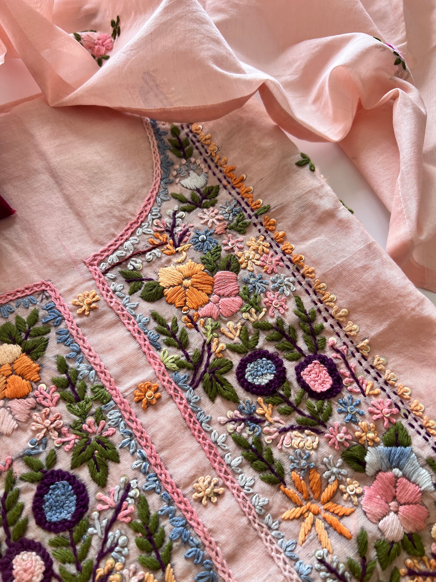 Peach Knot embroidery Unstitched suit material