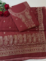 Maroon Mul Chanderi dress material with mukaish