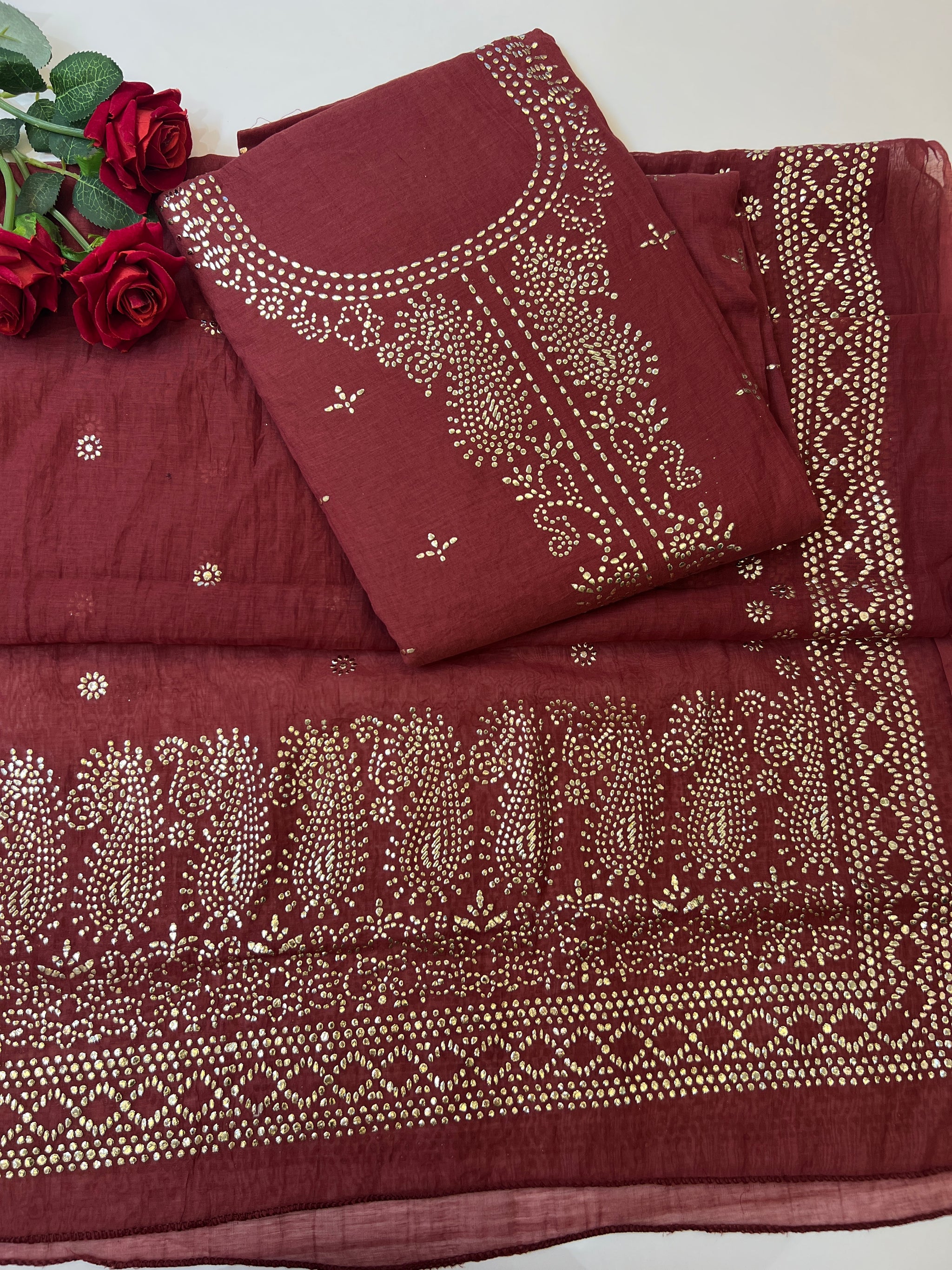 Maroon Mul Chanderi dress material with mukaish