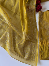 Yellow Mul Chanderi dress material with mukaish
