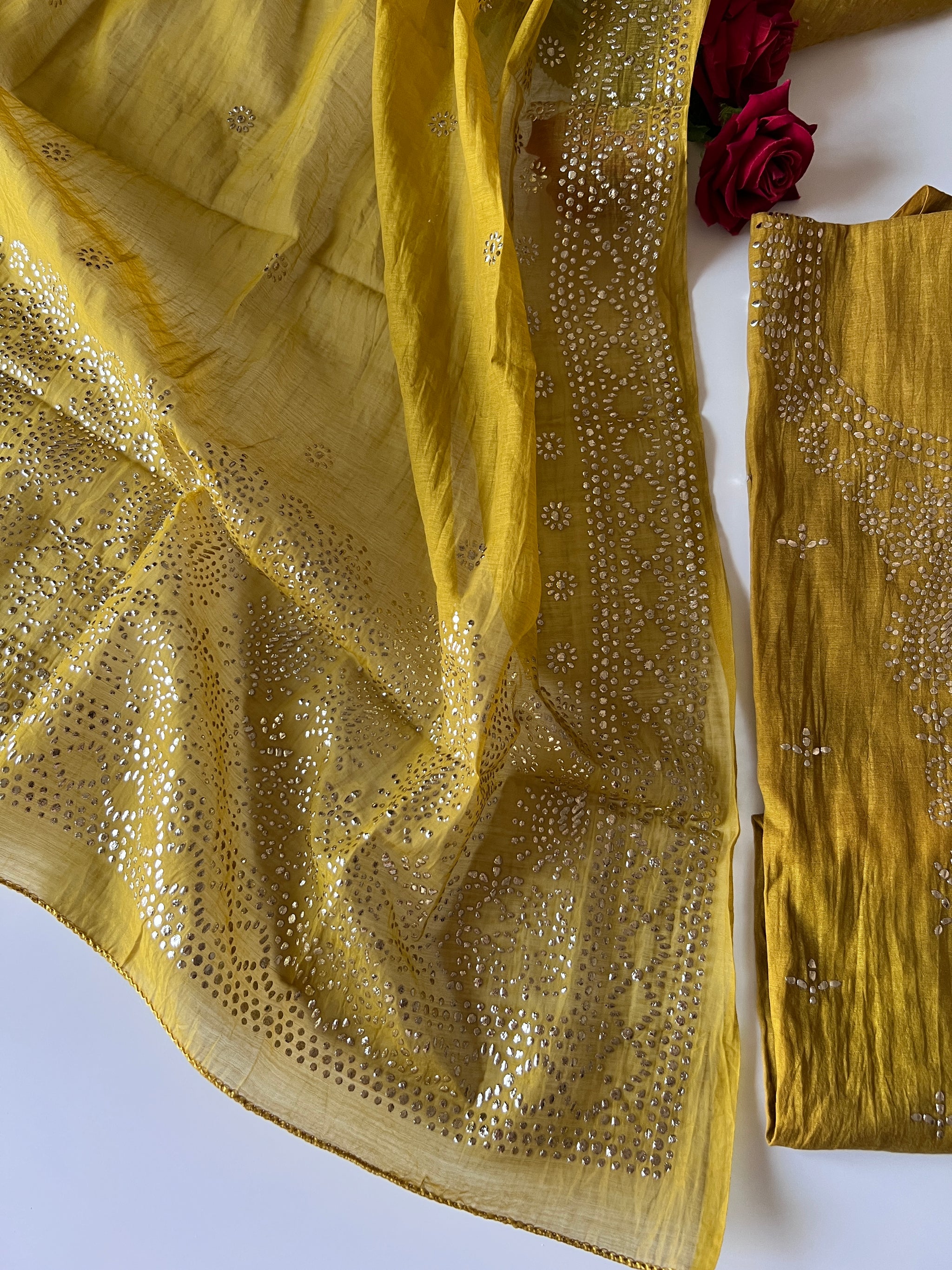Yellow Mul Chanderi dress material with mukaish