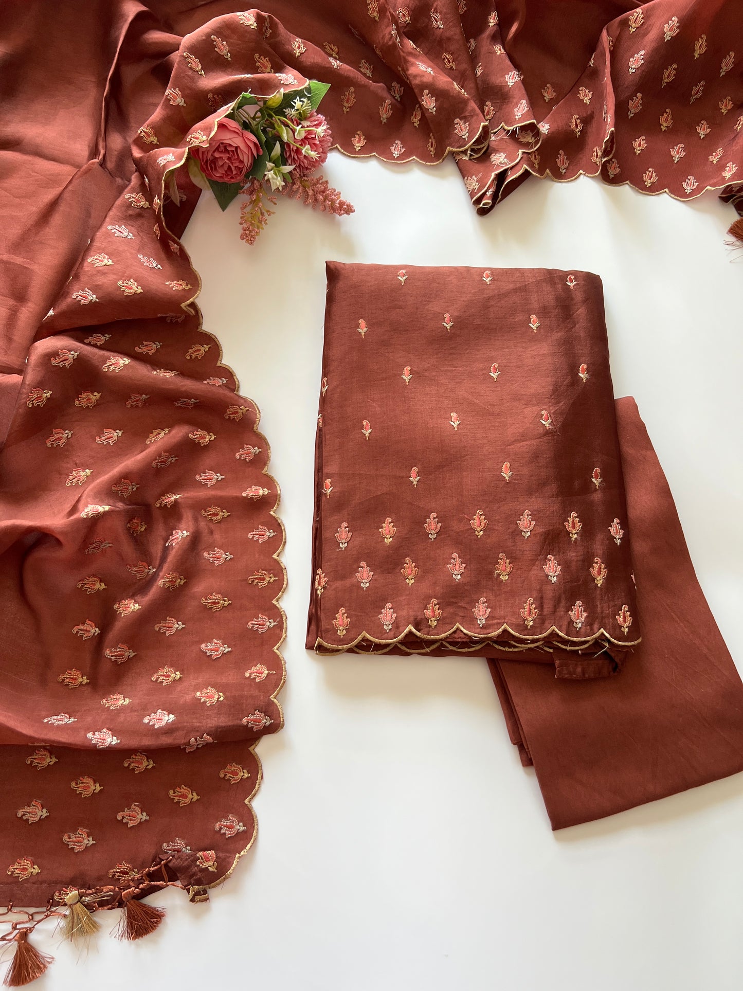 Brown Raw Mango handloom embroidered unstitched suit.