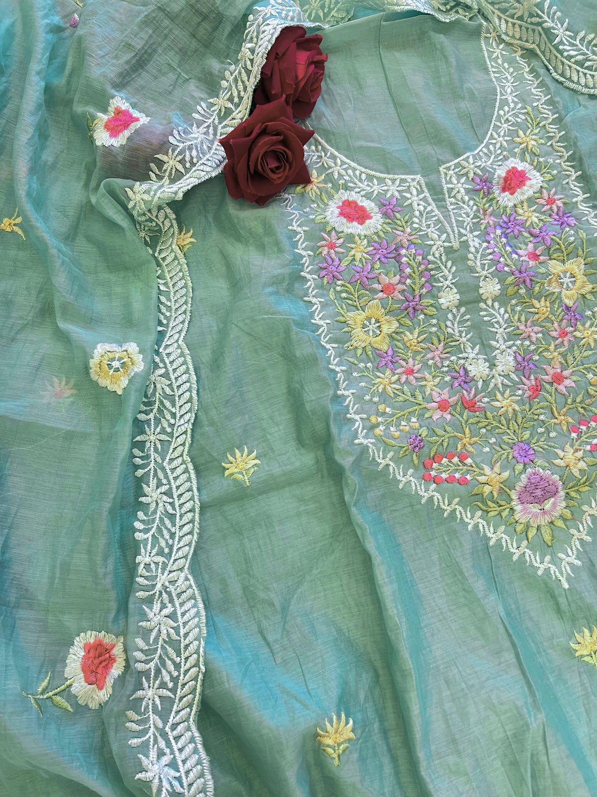 Blue Mul Chanderi Thread embroidered Unstitched Suit