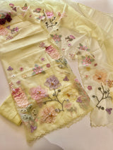 Yellow 3D Embroidery on semi Organza premium unstitched dress material with floral work
