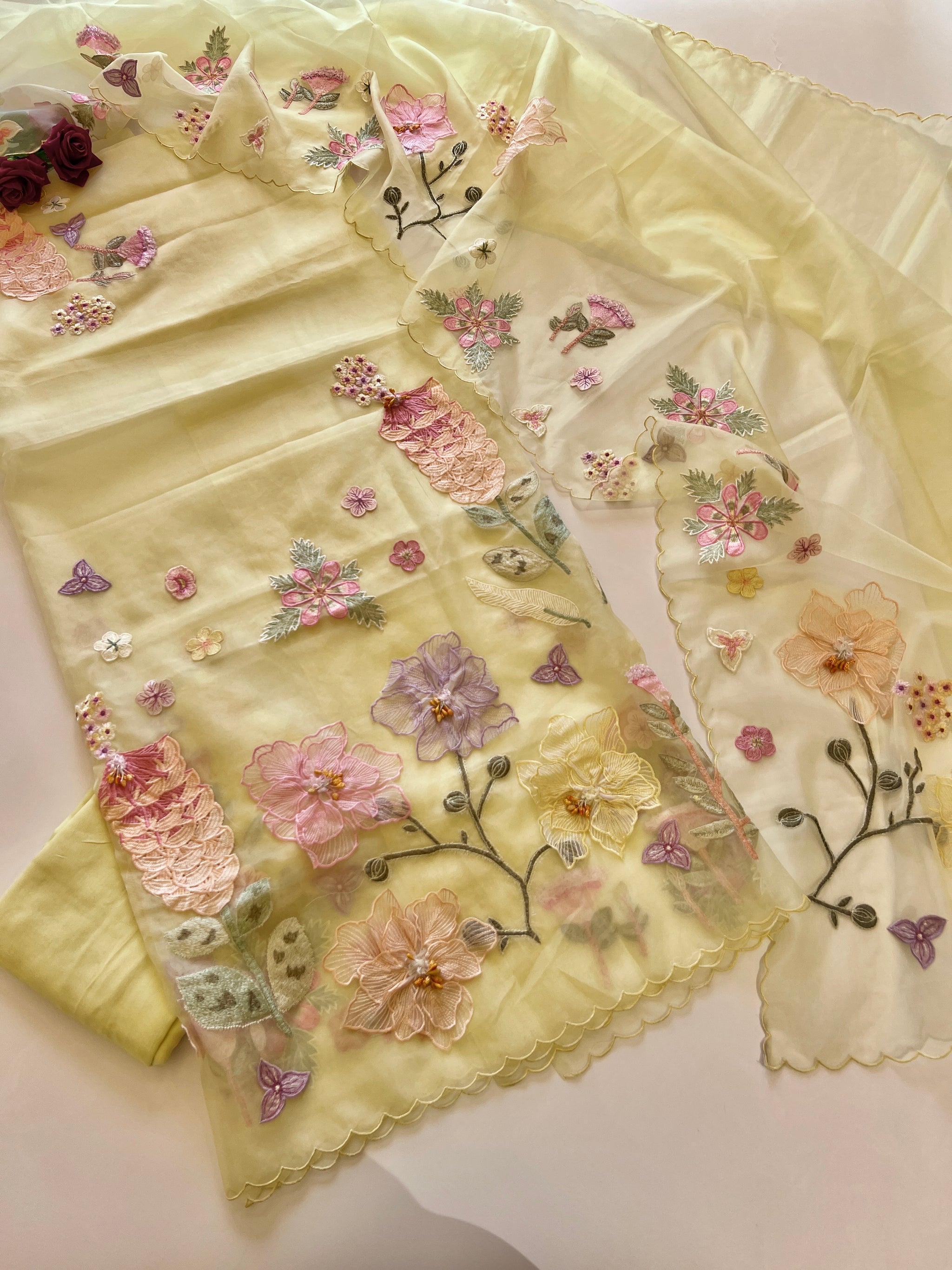 Yellow 3D Embroidery on semi Organza premium unstitched dress material with floral work