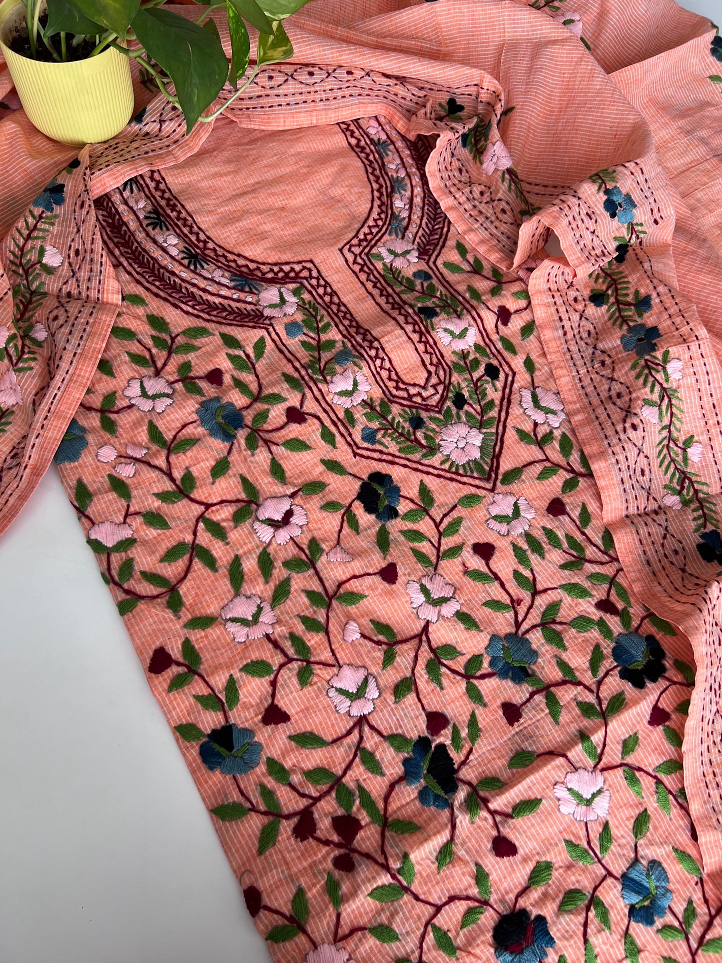 Peach Chanderi knot embroidery Unstitched suit material