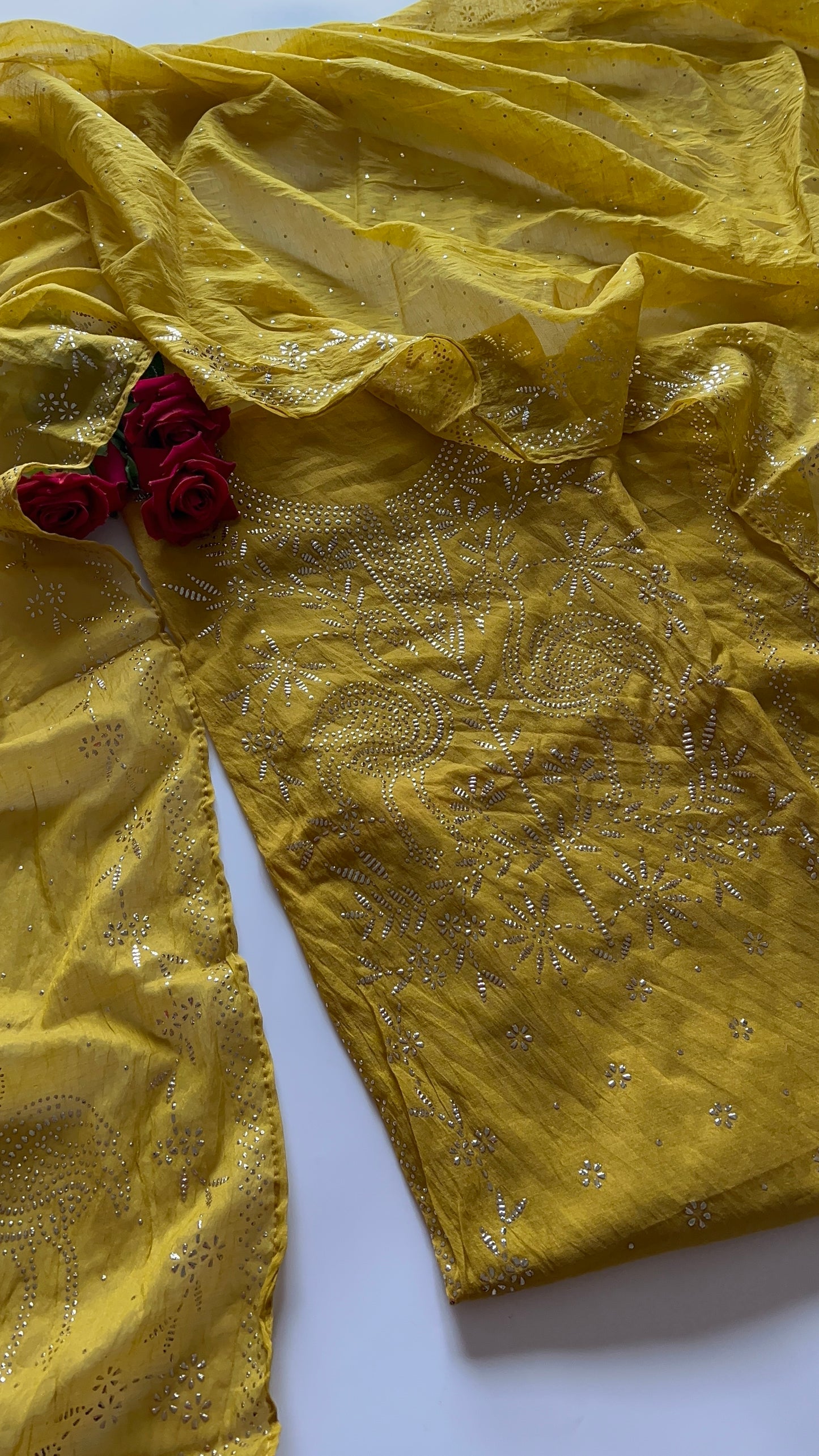 Mul Chanderi dress material with mukaish -Flamingo