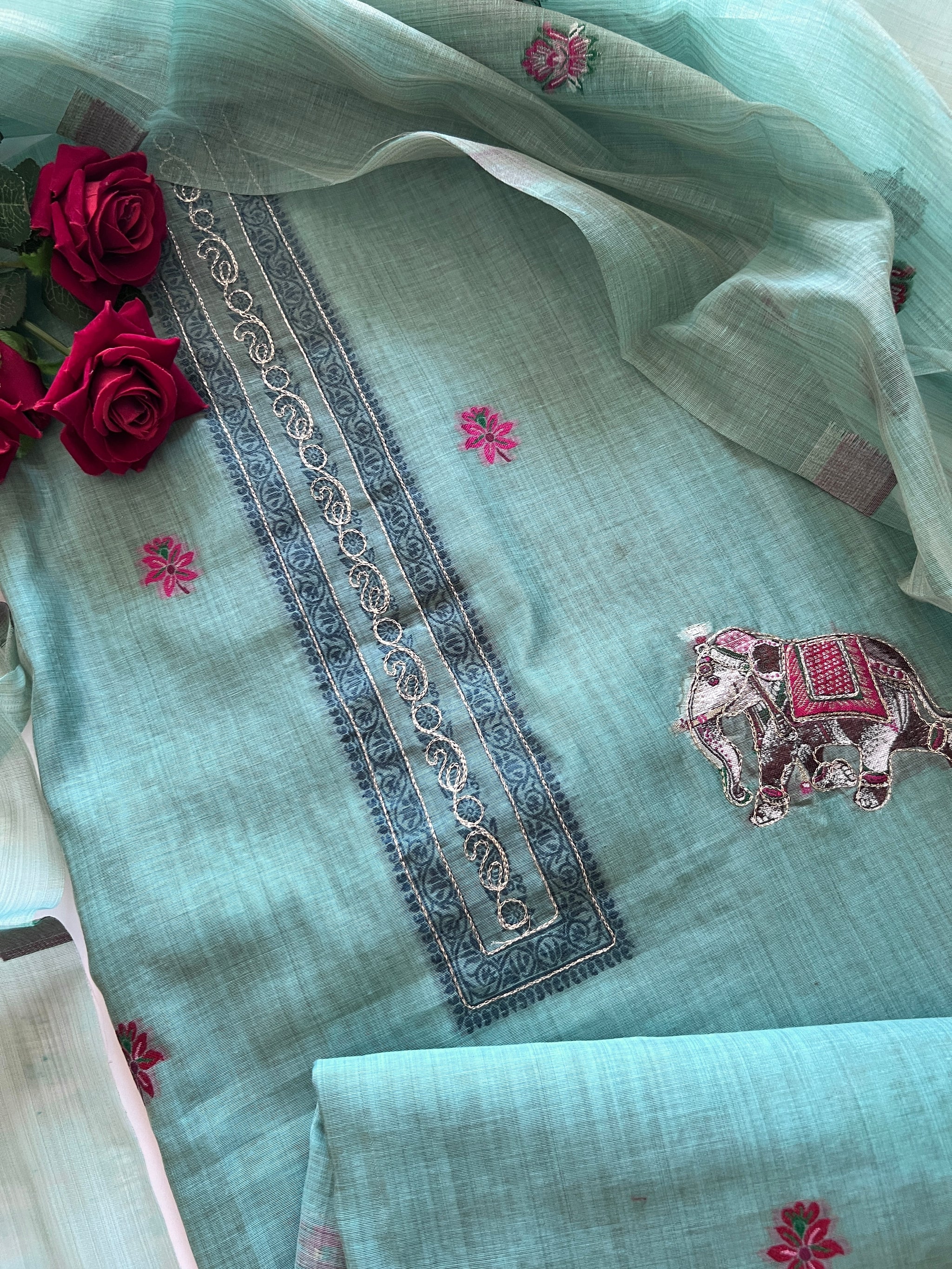 Blue green Cotton Jamdani work dress material unstitched Suit set