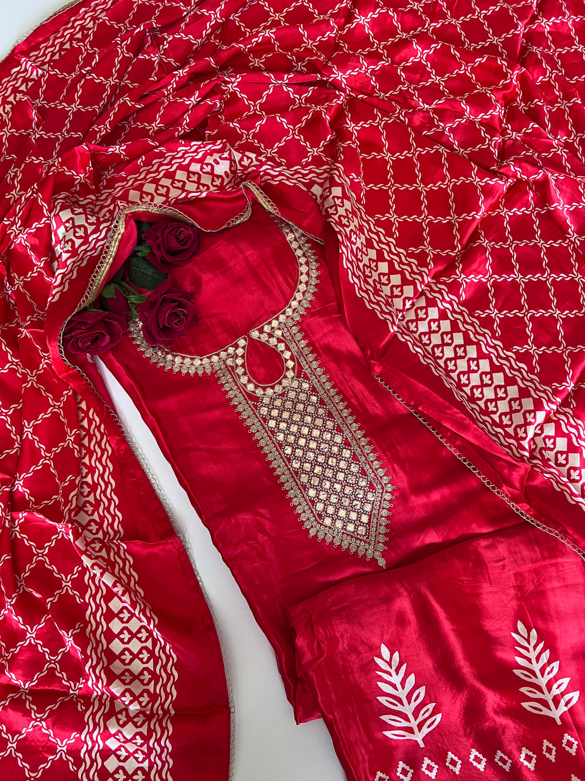 Red Gajji Silk With gotta work neck Unstitched suit