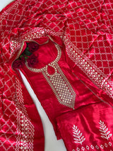 Red Gajji Silk With gotta work neck Unstitched suit