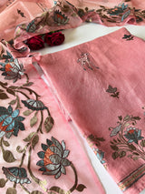 Pure linen Shikargah embroidered unstitched suit.